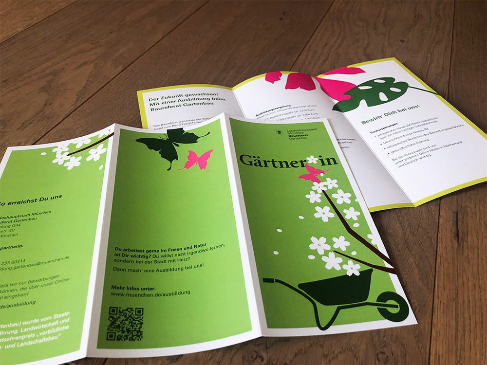 Informationsflyer Ausbildungsberuf Gärtner des Baureferats Gartenbau München, Illustration blühende Kirsche auf hellgrünem Grund
